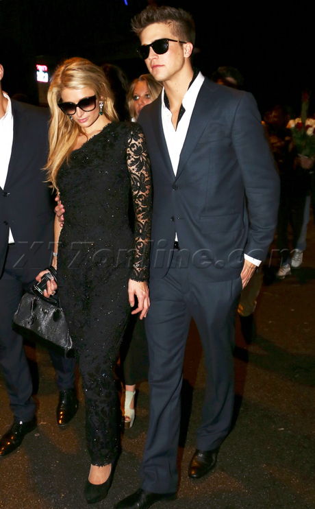 American Celebrities night club black dress black lace dress sunglasses Paris Hilton and River Viiperi 