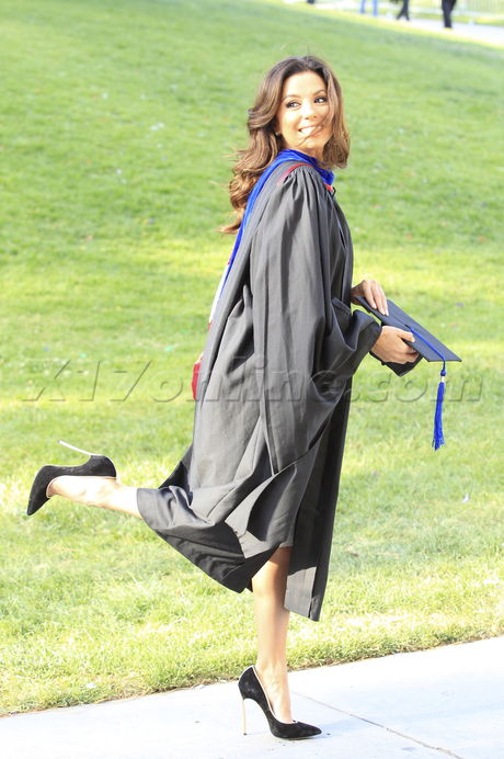 Eva Longoria graduate gown degree graduation sunglasses heels