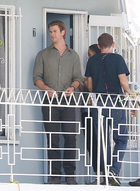 sunglasses Chris Hemsworth filming movie set Wei Tang  los angeles 