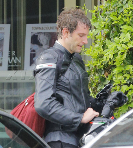 Bradley Cooper motorcycle jacket helmet sweat gym soulcycle brentwood 