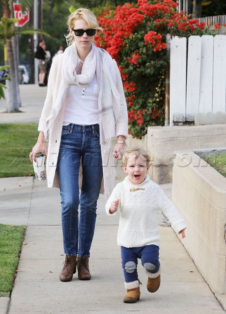 blonde January Jones jeans white sweater scarf 