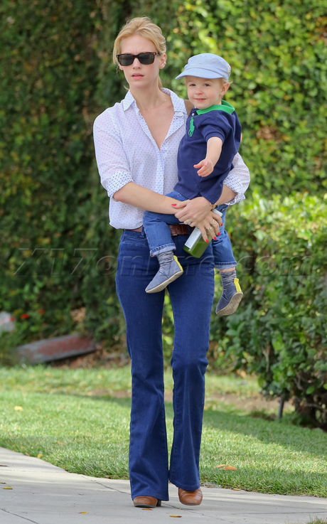 January Jones denum xander blonde sunglasses blouse beverly hills