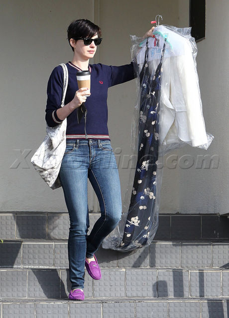Anne Hathaway dry cleaners sunglasses denim coffee beverly hills pixie cut