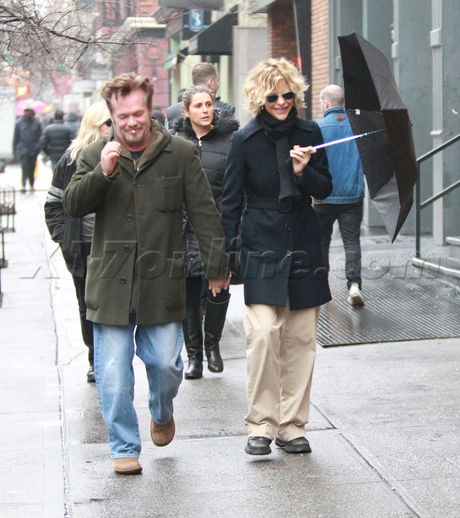 Meg Ryan New York walk friend blonde umbrella curls 