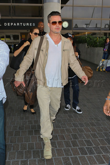 Brad Pitt Angelina Jolie Maddox Jolie-Pitt airport travel BAFTA Awards black military army Los Angeles International Airport LAX