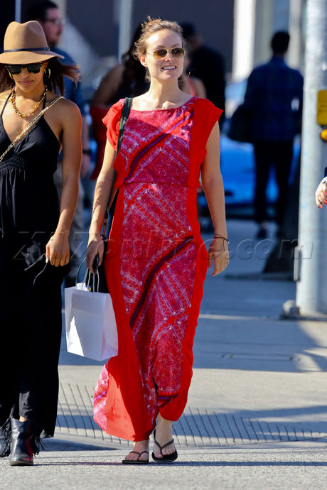 Olivia Wilde silk dress oregnant sunglasses shopping