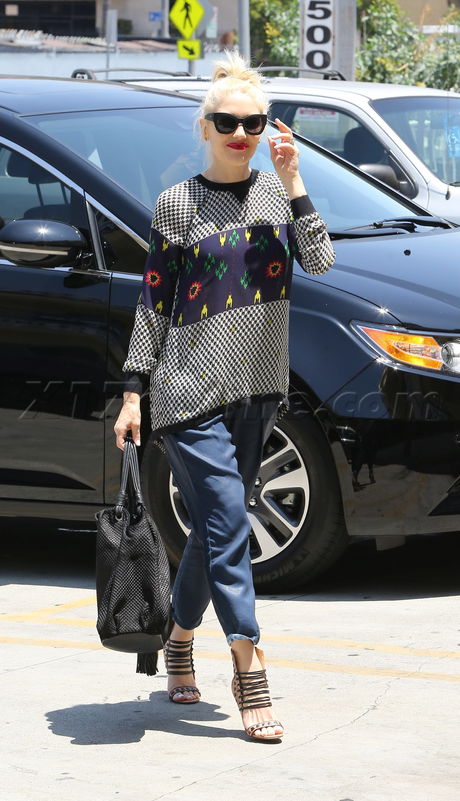 sunglasses Gwen Stefani heels sweater silk pants L.A.M.B 