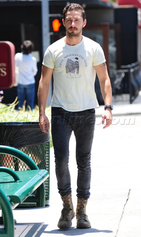 Shia LaBeouf beard tight tee boots 