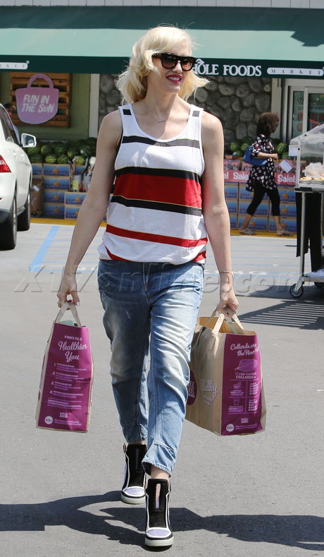 Gwen Stefani  whole foods jeans tank high heel sneakers 